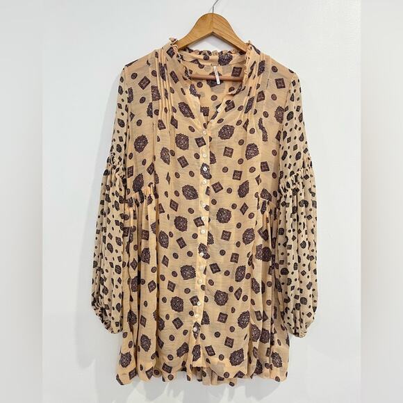 Free People Turn Turn Mini Dress Tea Combo Balloon Sleeve Boho S Oversized - Picture 2 of 8